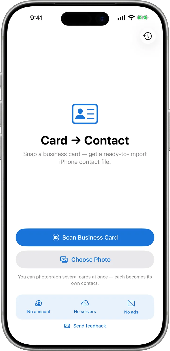 Card to Contact home screen: the Card to Contact title, a Scan Business Card button, a Choose Photo button, and the badges No account, No servers, No ads, shown in a silver iPhone 17 Pro